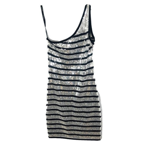 Women's Bebe White & Black Sequins Body Con Evening Party Dress Size Small - Picture 2 of 7